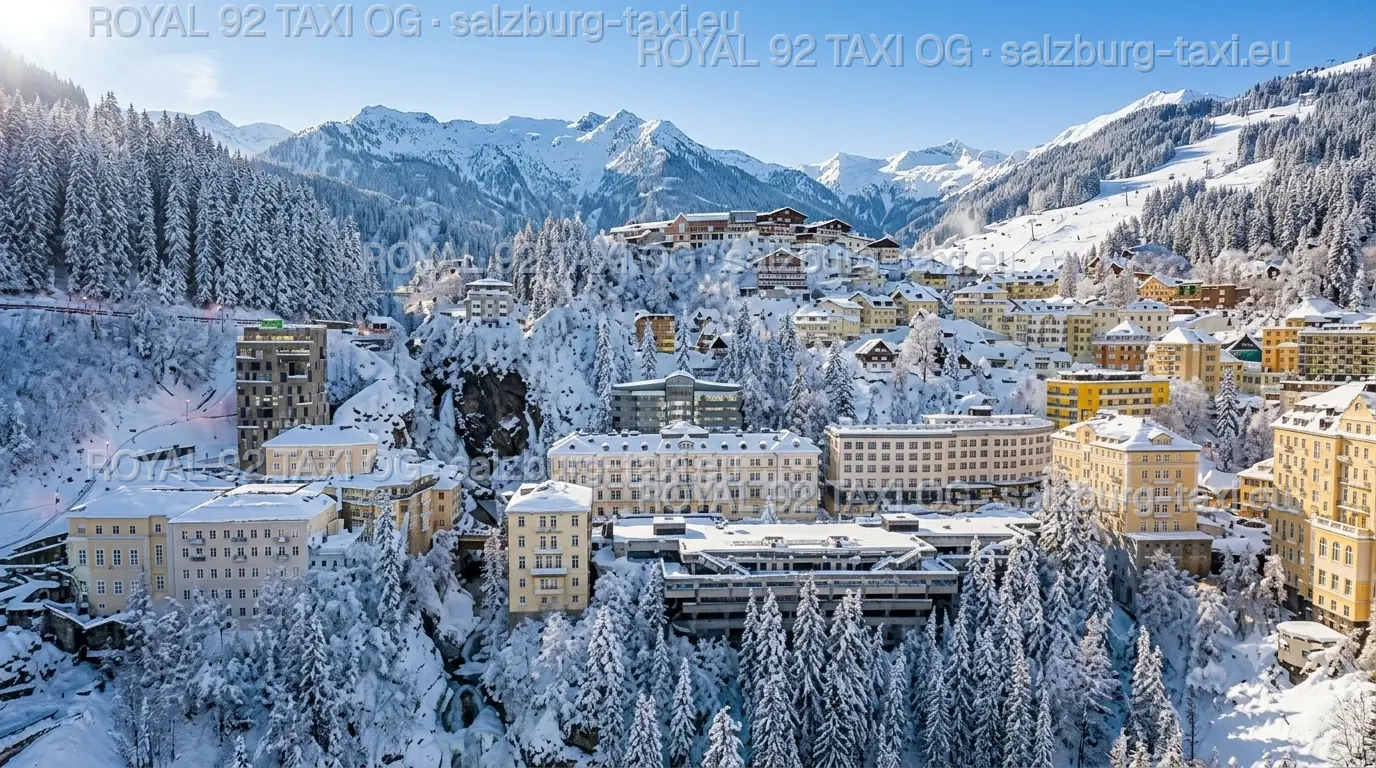 Snow-covered Bad Gastein, waterfall gorge and Alpine ski mountains