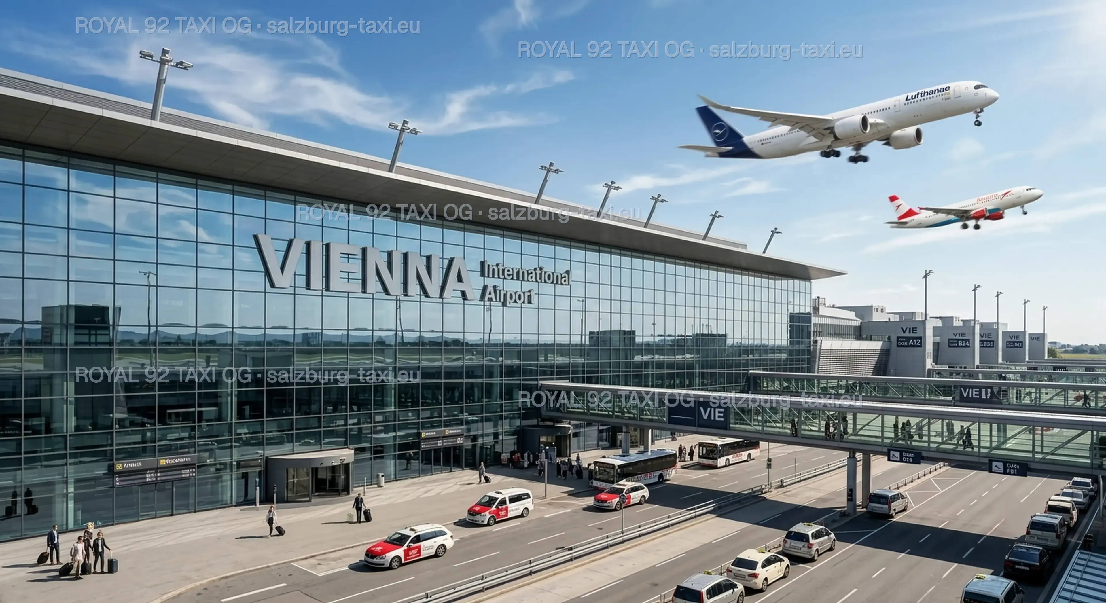 Vienna Airport terminal exterior with international aircraft