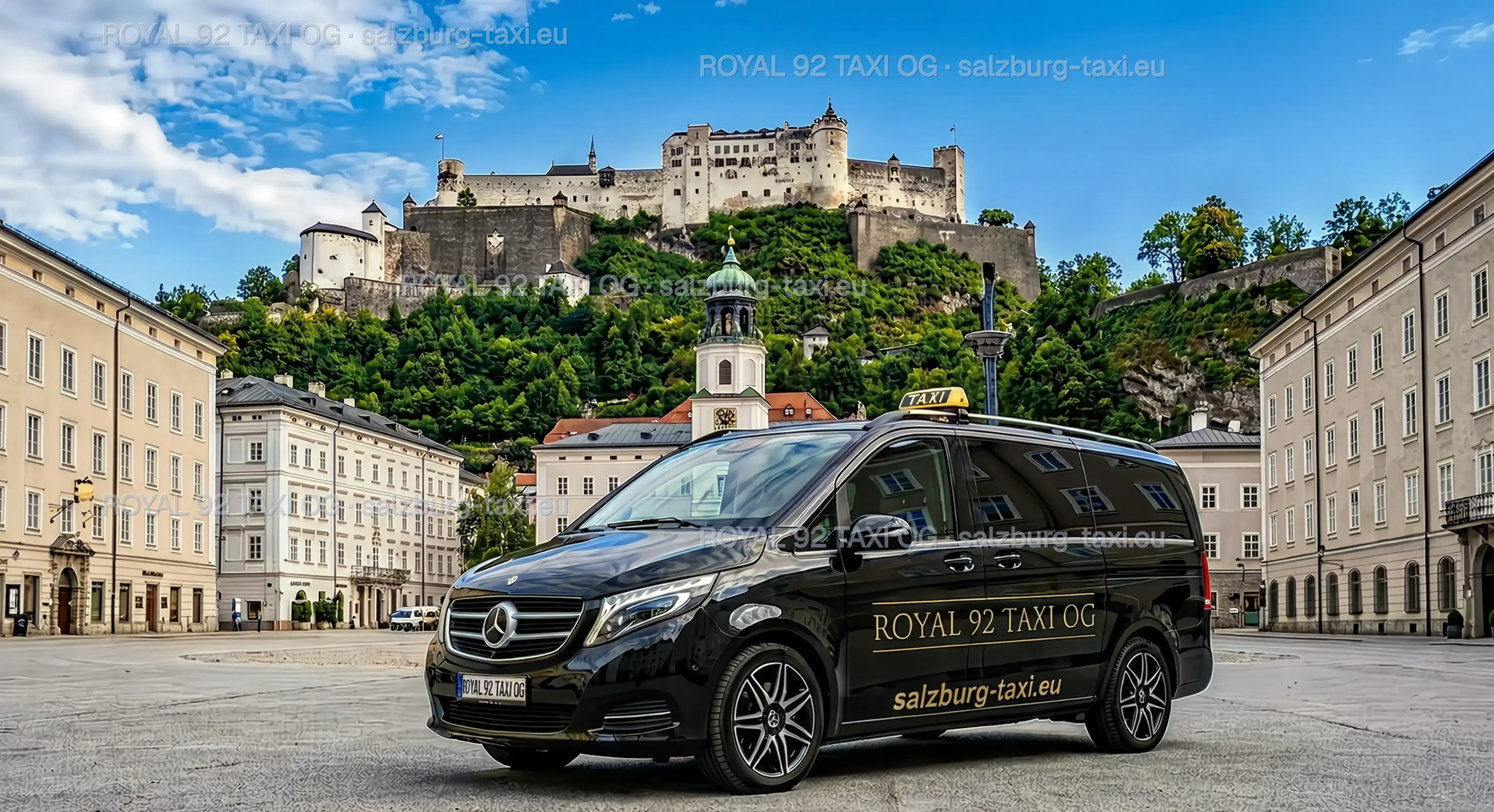 Black Salzburg Taxi Mercedes van in Salzburg Old Town with Hohensalzburg Fortress above the historic city centre