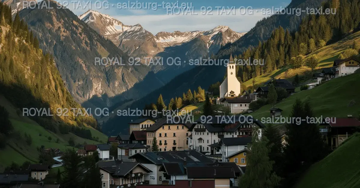 Salzburg Airport to Grossarl private transfer Grossarl Alpine village and church in a green valley beneath snow-dusted Salzburg mountains
