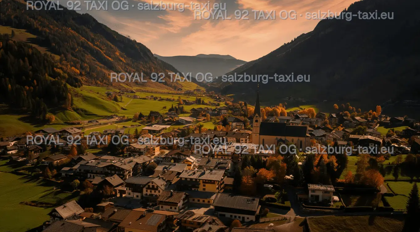 Salzburg Airport to Rauris private transfer Rauris village and church in an autumn Alpine valley within Hohe Tauern National Park