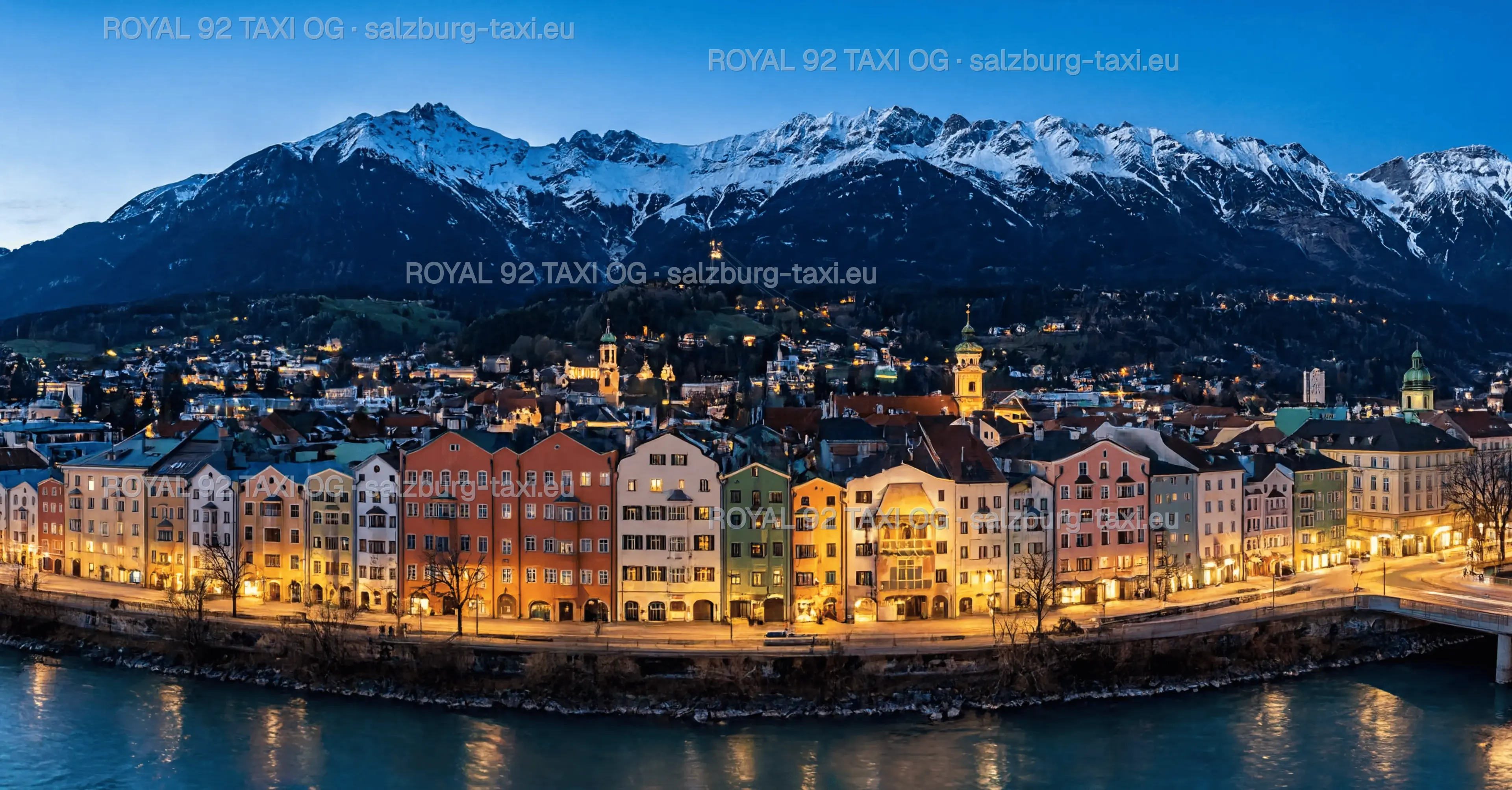 Private transfer from Salzburg Airport to Innsbruck, Tyrol Panoramic Innsbruck old town and colourful Inn riverside houses beneath the Nordkette Alps on a Salzburg to Innsbruck transfer