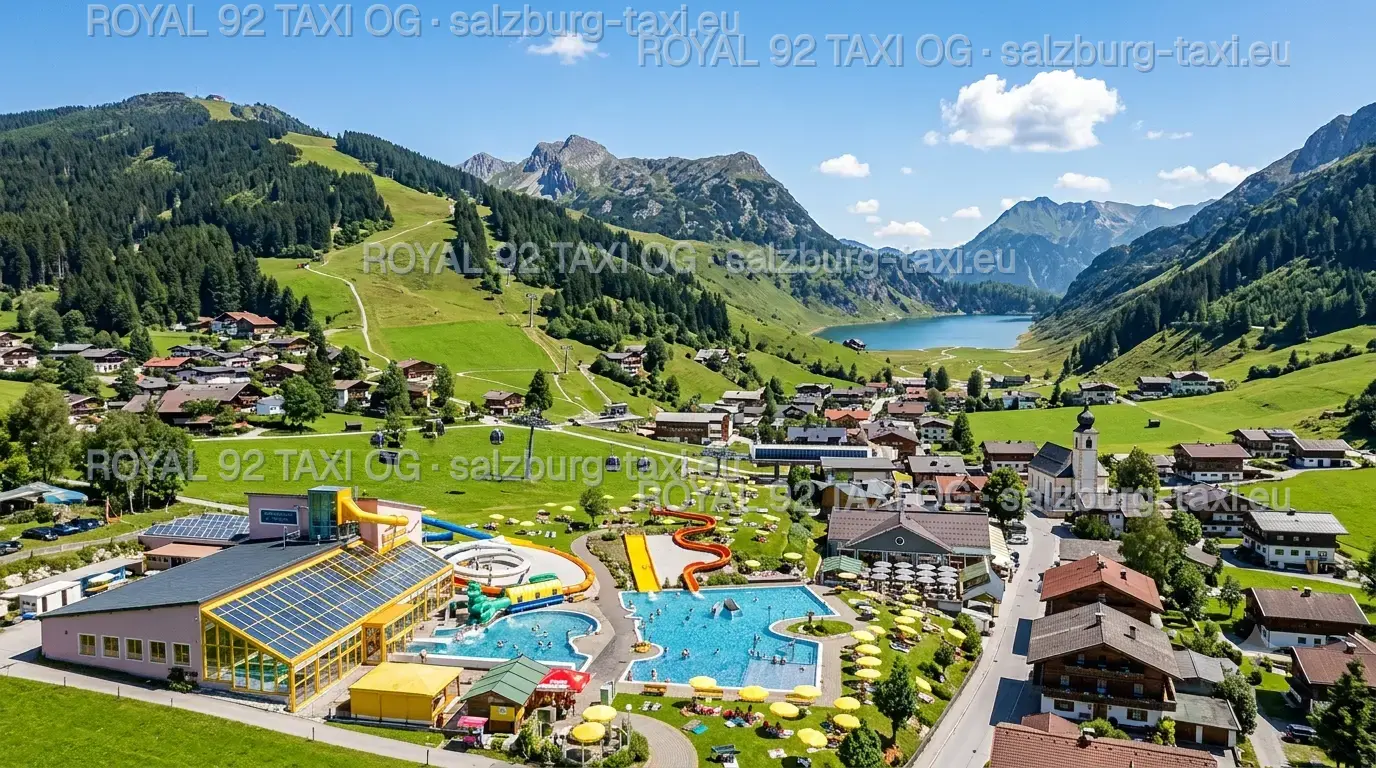 Salzburg Airport to Wagrain private transfer Wagrain Alpine resort with village, church, outdoor pools, ski slopes and a mountain lake